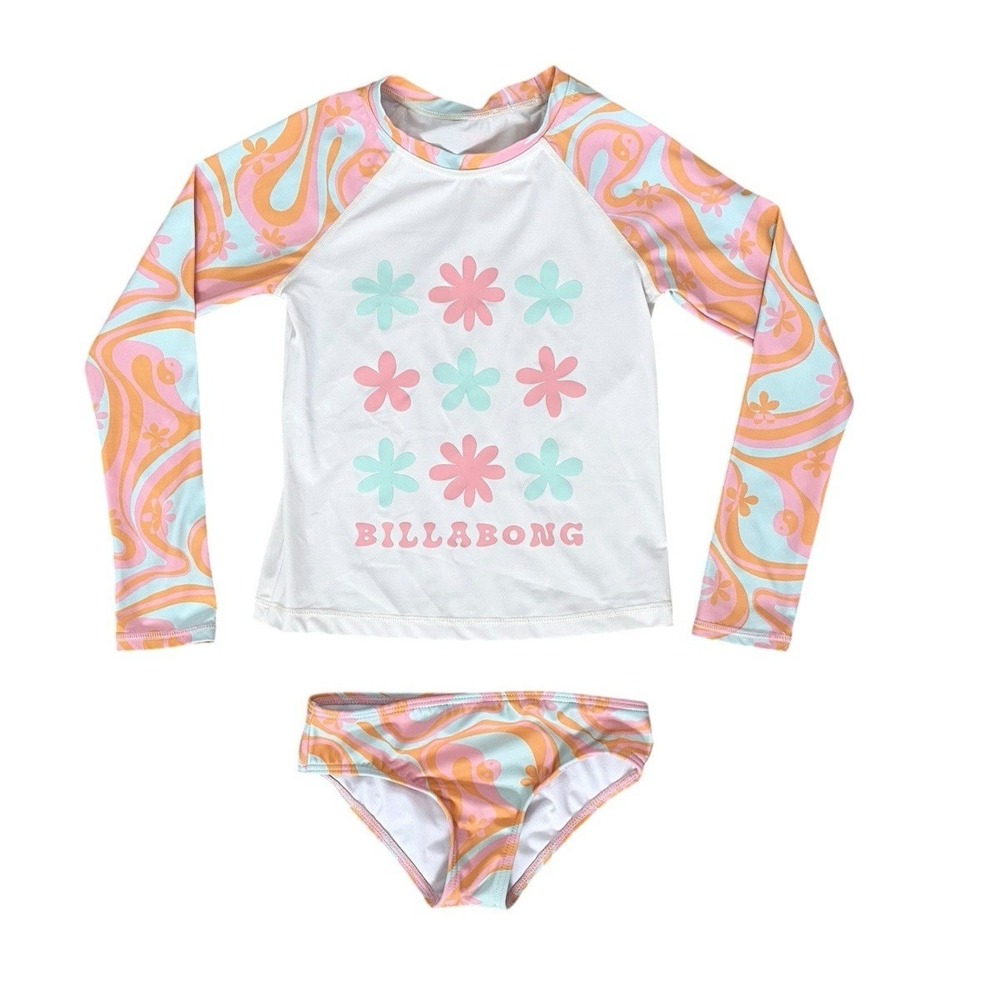 Billabong Girls Floral & Peace Sign Rashguard Bikini Set Size 4 - Logo - Beach